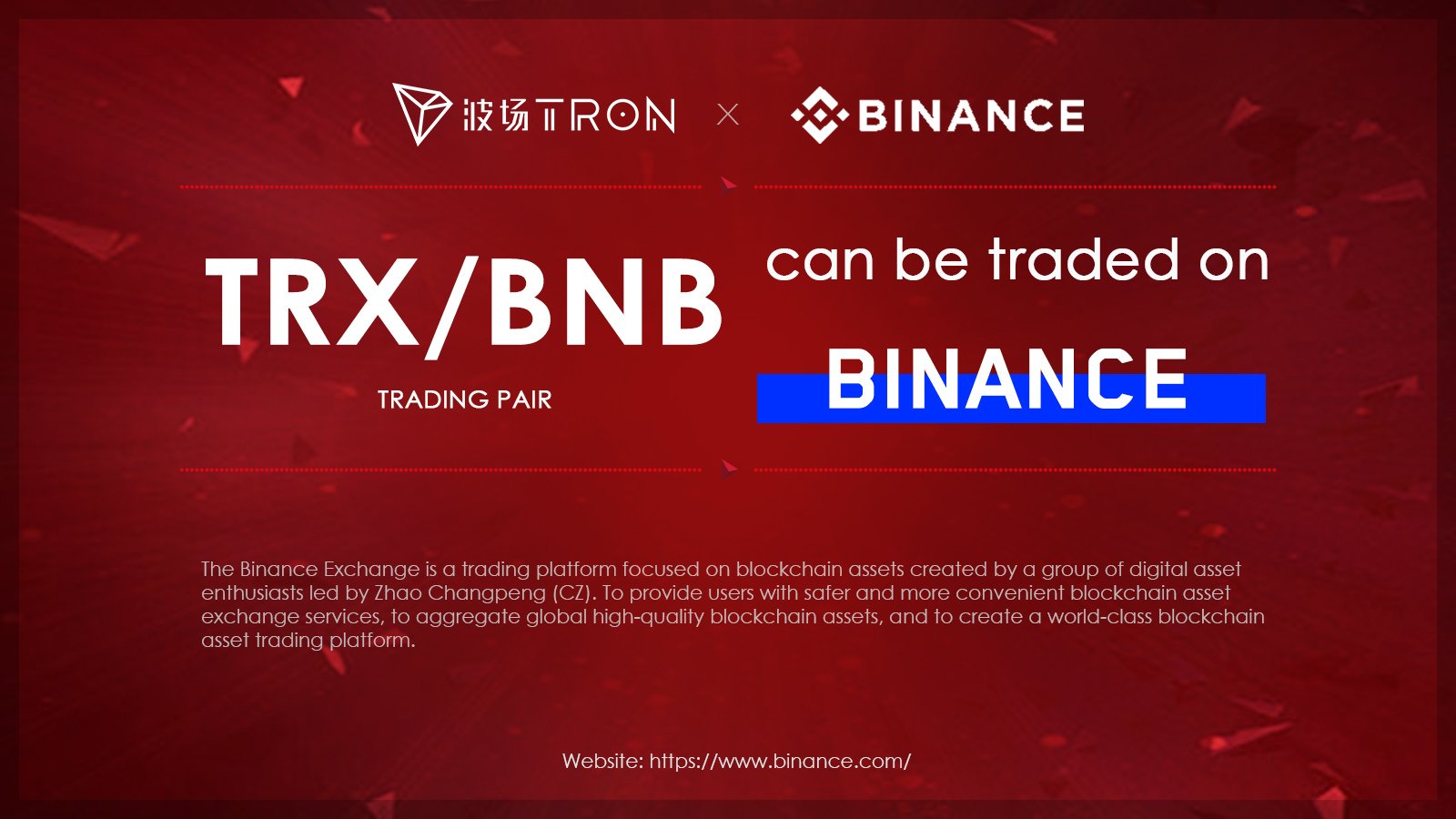  binance trx bnb trading tron cryptocurrency announcement 