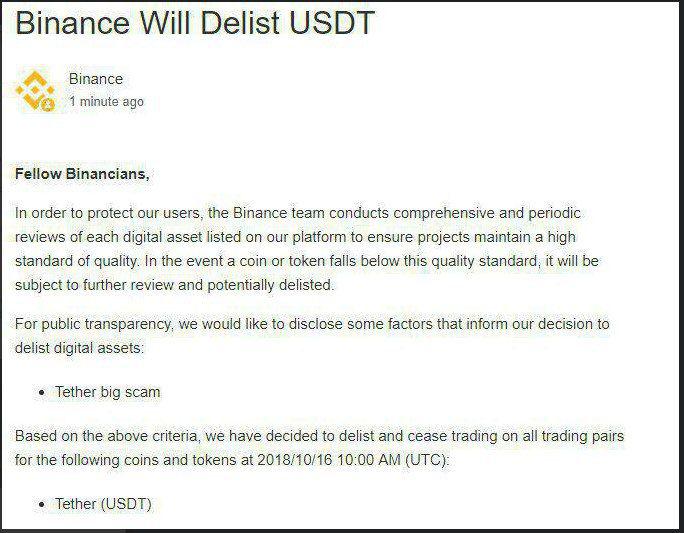  binance reports fake tether usdt delisting out 