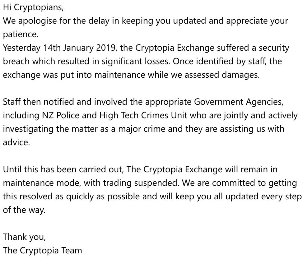 News Flash: Cryptopia Exchange Hacked, Investigations by New Zealand Authorities Ongoing