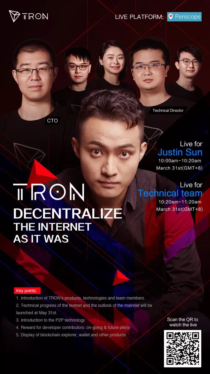 Tron's (TRX) Technical Team Live On Periscope For TestNet Launch 13