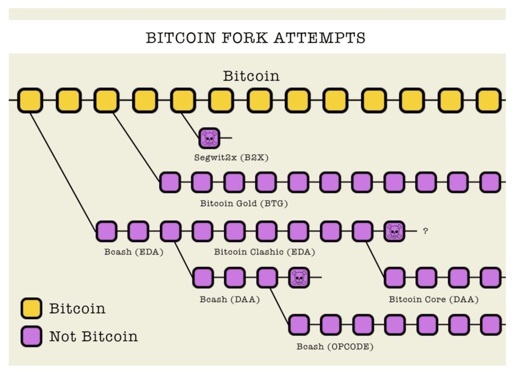 A graphic representation of Bitcoin Fork Attempts: Courtesy BTCC Twitter