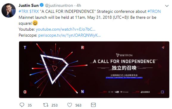 TRON (TRX) Mainnet Launch: All Systems Are GO With Livestream Announced 14
