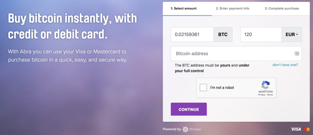 Bitcoin Purchase with Credit/Debit Cards on Abra 1