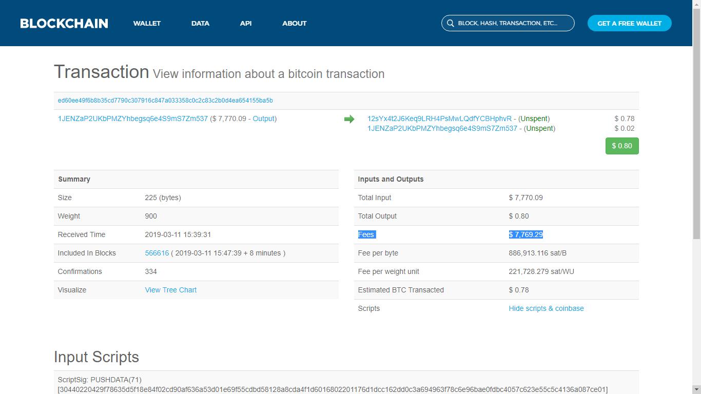 BTC Block explorer showing the inusual fee of 7.7k USD for a 0.6 USD transaction