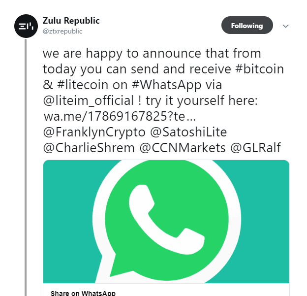 Bitcoin, Litecoin Transactions Now Available on WhatsApp 11