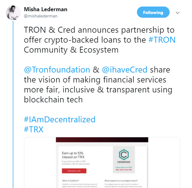 Tron Offers Help to Binance, Partners with Cred to Provide Crypto Loans to TRX Holders 11