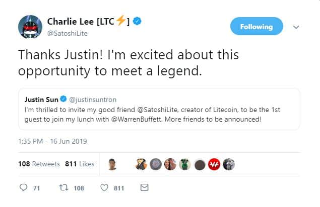 Litecoin's Charlie Lee Agrees to Meet with Warren Buffett, Tron CEO Sun 14